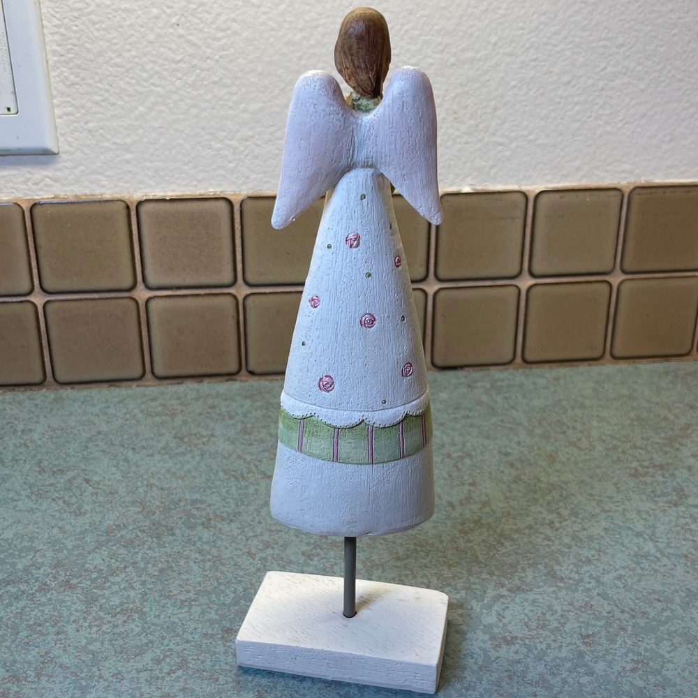 Love Angel With Pink Rose Bouquet Stone Resin Designed to Look Like Carved Wood - Picture 8 of 9